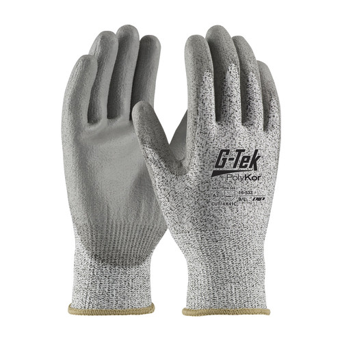 G-Tek PolyKor Industry Grade Seamless Knit PolyKor Blended Glove with Polyurethane Coated Flat Grip on Palm & Fingers, Salt & Pepper, Large, 12 Pairs #16-533/L