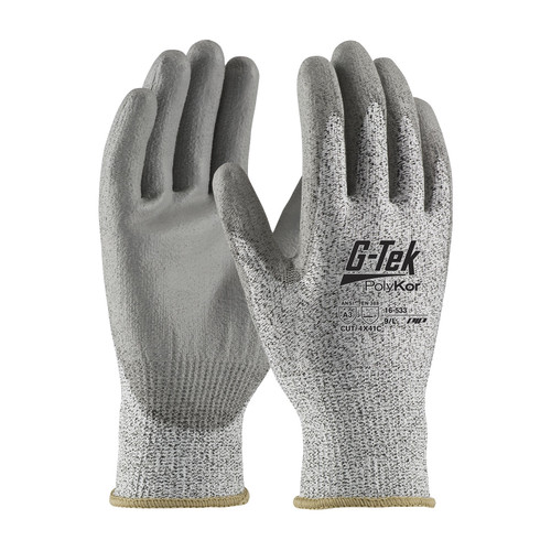 G-Tek PolyKor Industry Grade Seamless Knit PolyKor Blended Glove with Polyurethane Coated Flat Grip on Palm & Fingers, Salt & Pepper, 2X-Large, 12 Pairs #16-533/XXL