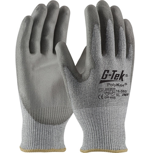 G-Tek PolyKor Seamless Knit PolyKor Blended Glove with Polyurethane Coated Flat Grip on Palm & Fingers, Gray, Large, 12 Pairs #16-560/L