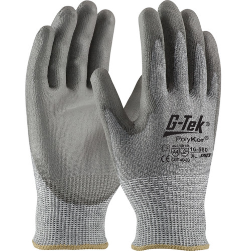 G-Tek PolyKor Seamless Knit PolyKor Blended Glove with Polyurethane Coated Flat Grip on Palm & Fingers, Gray, Small, 12 Pairs #16-560/S