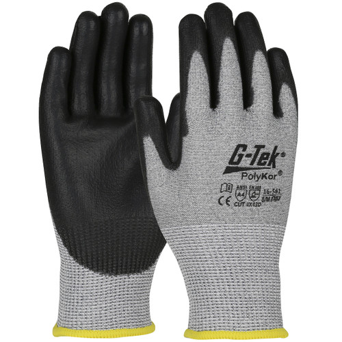 G-Tek PolyKor Seamless Knit PolyKor Blended Glove with Polyurethane Coated Flat Grip on Palm & Fingers, Touchscreen Compatible, Gray, Large, 12 Pairs #16-561/L