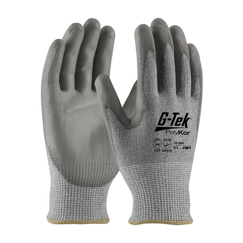 G-Tek PolyKor Industry Grade Seamless Knit PolyKor Blended Glove with Polyurethane Coated Flat Grip on Palm & Fingers, Gray, Small, 12 Pairs #16-564/S