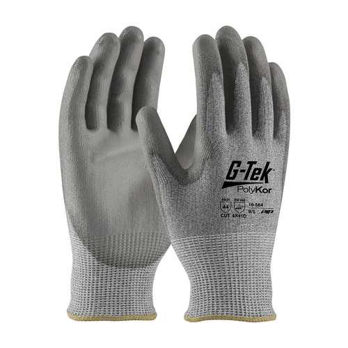 G-Tek PolyKor Industry Grade Seamless Knit PolyKor Blended Glove with Polyurethane Coated Flat Grip on Palm & Fingers, Gray, 2X-Small, 12 Pairs #16-564/XXS