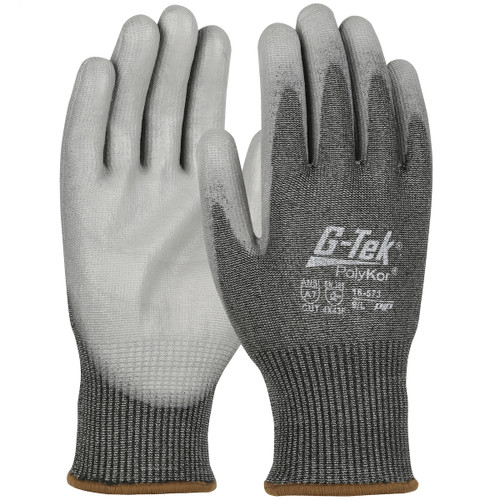 G-Tek PolyKor Seamless Knit PolyKor Blended Glove with Polyurethane Coated Flat Grip on Palm & Fingers, Touchscreen Compatible, Black, Small, 12 Pairs #16-573/S