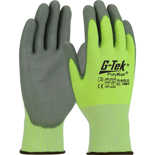 G-Tek PolyKor Seamless Knit PolyKor Blended Glove with Polyurethane Coated Flat Grip on Palm & Fingers, Hi-Vis Yellow, Medium, 12 Pairs #16-645LG/M