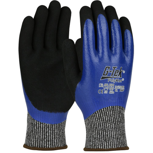 G-Tek PolyKor Seamless Knit PolyKor Blended Glove with Double-Dipped Nitrile Coated MicroSurface Grip on Full Hand, Blue, Large, 12 Pairs #16-CUT229MS/L