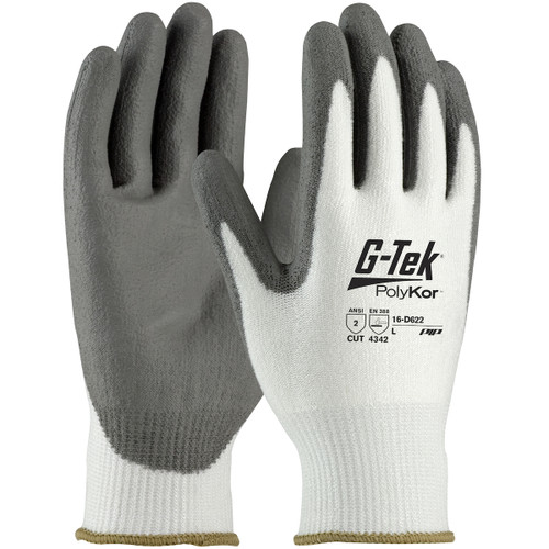 G-Tek PolyKor Seamless Knit PolyKor Blended Glove with Polyurethane Coated Flat Grip on Palm & Fingers, Vend Ready, White, Small, 12 Pairs #16-D622V/S