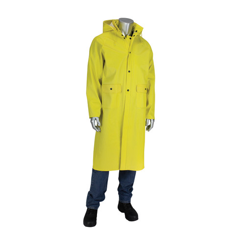 Flex Ribbed PVC 48" Jacket with Hood, 0.65 mm, PVC/Polyester, Detachable Hood, Yellow, X-Large, 1 EA #201-650C/XL
