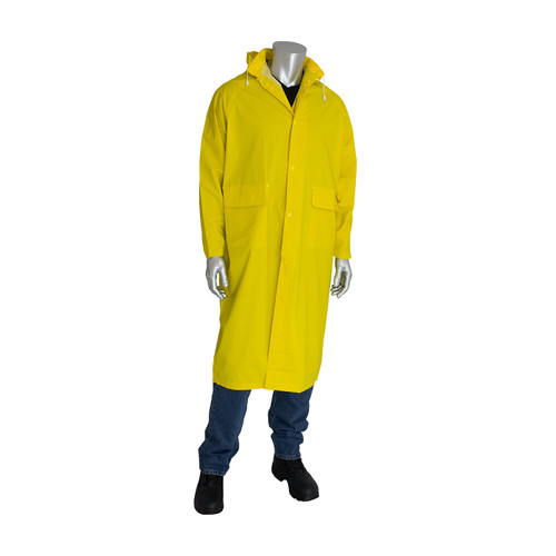 Base35FR Premium Two-Piece 48" Treated Raincoat, 0.35 mm, PVC/Polyester, Hood, Self Collar, Yellow, 5X-Large, 1 EA #205-300FR/5X