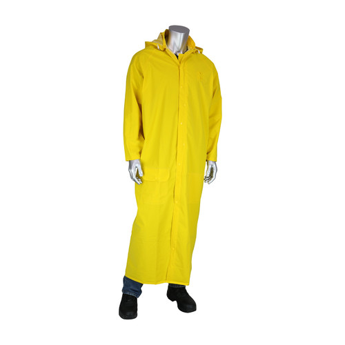 Base35FR Premium 60" Duster Raincoat with Limited Flammability, 0.35 mm, PVC/Polyester, Hood, Yellow, 6X-Large, 1 EA #205-320FR/6X