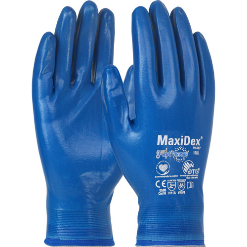 MaxiDex Seamless Knit Nylon Glove with Nitrile Coating and ViroSan Technology on Full Hand, Touchscreen Compatible, Blue, X-Small, 12 Pairs #19-007/XS