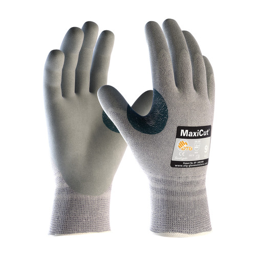 MaxiCut Seamless Knit Dyneema / Engineered Yarn Glove with Nitrile Coated MicroFoam Grip on Palm & Fingers, Gray, Large, 12 Pairs #19-D470/L