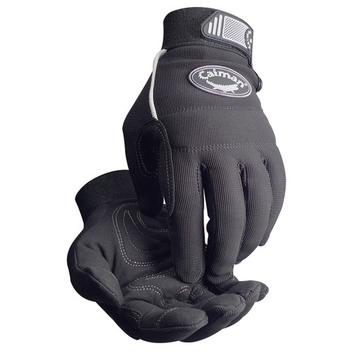 Caiman Synthetic Leather Padded Palm Glove with Spandex Back, Black, Large, 6 Pairs #1932-5