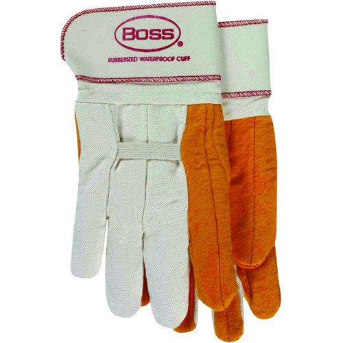 Boss Regular Grade Chore Glove with Double Layer Palm, Cotton Back and Nap-Out Finish, Rubberized Safety Cuff, White, Large, 12 Pairs #1BC28372