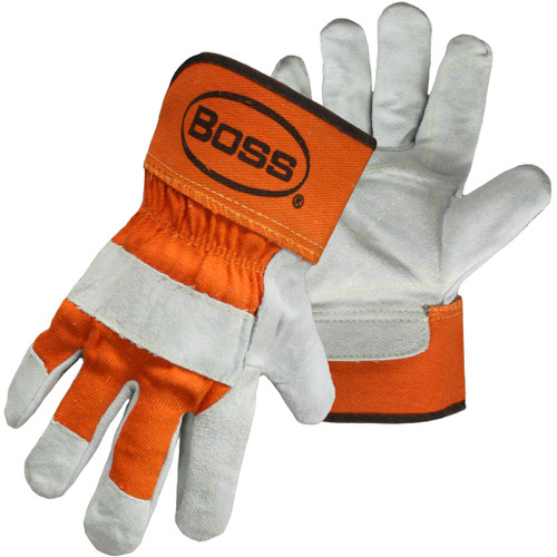 Boss Premium Grade Split Cowhide Leather Double Palm Glove with Fabric Back and Aramid Stitching, Rubberized Safety Cuff, Orange, Small, 12 Pairs #1JL2393S