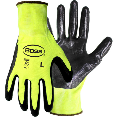 Boss Hi-Vis Seamless Knit Polyester Glove with Nitrile Coated Smooth Grip on Palm & Fingers, Hi-Vis Yellow, 2X-Large, 12 Pairs #1UH78022X