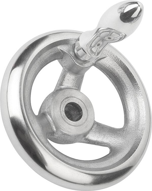 Kipp Handwheels w/Revolving Machine Handle, Reamed Hole, w/Slot, Polished Aluminum, D1=80 mm, D2=12H7, B3=4, T=13.8 (Qty. 1), K0160.5080X12