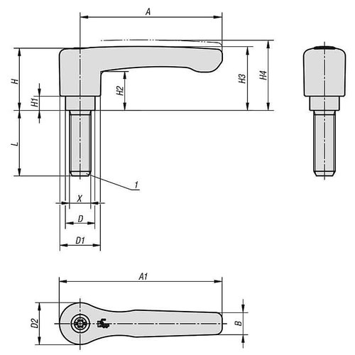 Kipp Adjustable Handles, Flat, Size 2, M06X60, External Thread, Zinc, Stainless Steel, Black Satin Powder Coated, (1/Pkg.), K0738.2061X60