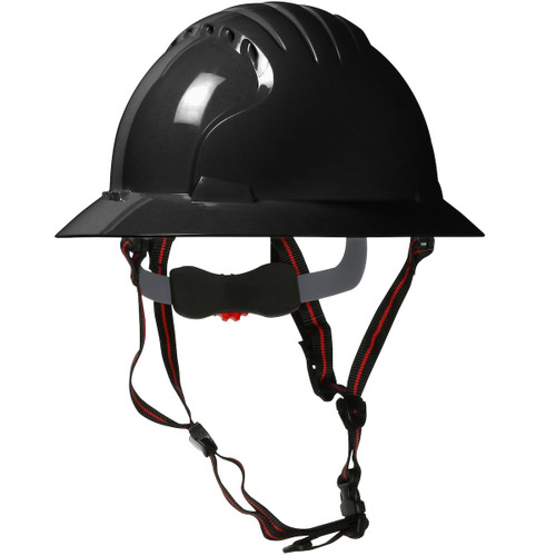 EVO 6161 Ascend Full Brim Safety Helmet with HDPE Shell, 4-Point Chinstrap, 6-Point Suspension and Wheel Ratchet Adjustment, Black, One Size, 1 EA #280-EV6161-CH-11 EVO 6161 Ascend Full Brim Safety Helmet with HDPE Shell, 4-Point Chinstrap, 6-Point Suspension and Wheel Ratchet Adjustment, Black, One Size, 1 EA #280-EV6161-CH-11