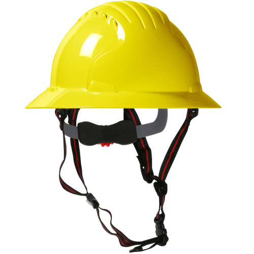 EVO 6161 Ascend Full Brim Safety Helmet with HDPE Shell, 4-Point Chinstrap, 6-Point Suspension and Wheel Ratchet Adjustment, Vented, Yellow, One Size, 1 EA #280-EV6161V-CH-20