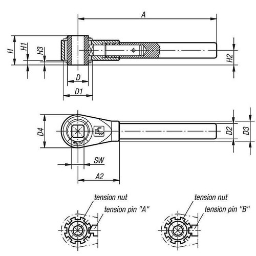 Kipp Ratchet Levers w/Square Socket, Free-Cutting, Size 3, A=230 mm, 0°,  Carbon Steel, Black Oxidized, (Qty. 1), K0128.517