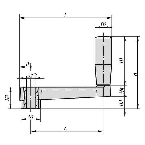 Kipp Crank Handle, Reamed Hole, Aluminum, Internal Thread, D2=10, A=80 mm, L=103.5 mm, H=81 mm, Style D, Black, (Qty. 1), K0727.100