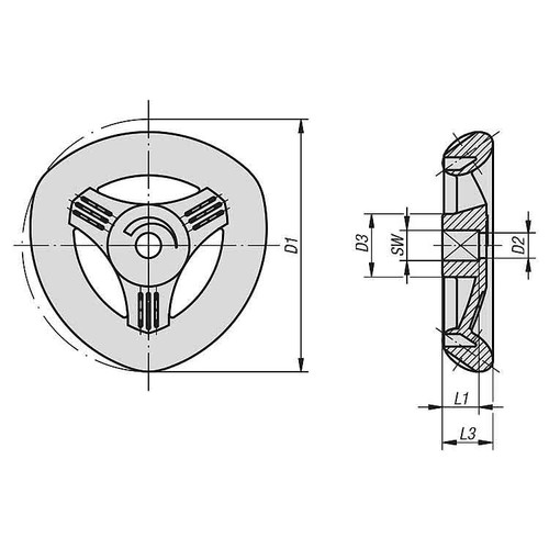 Kipp Delta Wheel, Square Socket, Size 1, w/o Grip, D1=50 mm, SW=5 mm, D2=5 mm, Fiberglass Reinforced Thermoplastic, Black Gray, (10/Pkg), K0275.05005
