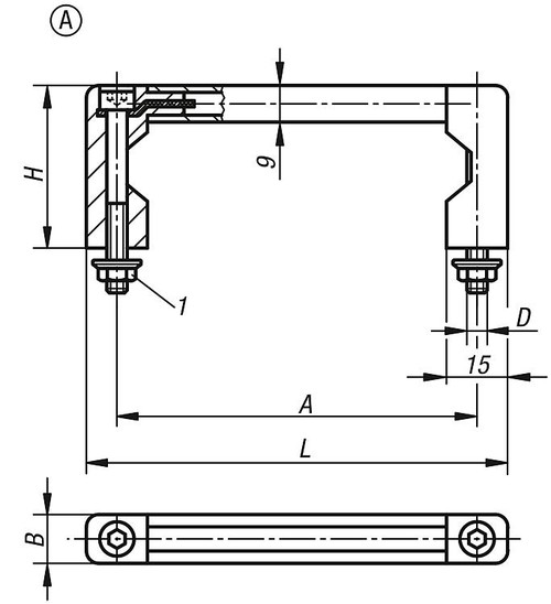 Kipp Pull Handle, Form A, A=120 mm, L=135 mm, H=40, D=M05, Aluminum, Natural Matt and Anodized, (Qty. 1), K0216.12003