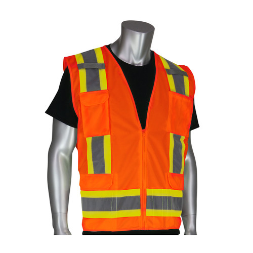 PIP® ANSI Type R Class 2 Two-Tone Eleven Pocket Surveyors Vest with Solid Front and Mesh Back, Hi-Vis Orange, 2X-Large, #302-0500-ORG/2X