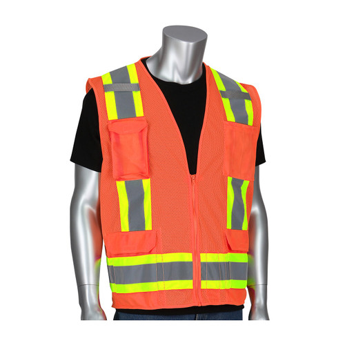 PIP® ANSI Type R Class 2 Two-Tone Eleven Pocket Mesh Surveyors Vest, Hi-Vis Orange, X-Large, #302-0500M-OR/XL