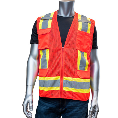 PIP® ANSI Type R Class 2 Two-Tone Eleven Pocket Mesh Surveyors Vest, Hi-Vis Red, 2X-Large, #302-0500M-RD/2X