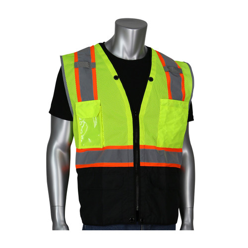 PIP® ANSI Type R Class 2 Two-Tone Eleven Pocket Tech-Ready Mesh Surveyors Vest with Ripstop Black Bottom Front and "D" Ring Access, Hi-Vis Yellow, Medium, #302-0650D-LY/M