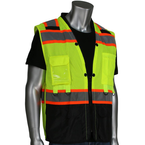 PIP® ANSI Type R Class 2 Two-Tone Twelve Pocket Tethering Vest with Ripstop Black Bottom Front and "D" Ring Access, Hi-Vis Yellow, 2X-Large, #302-0670T-LY/2X