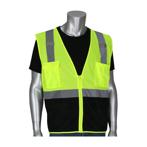 PIP® ANSI Type R Class 2 Five Pocket Value Mesh Vest with Black Bottom Front, Hi-Vis Yellow, X-Large, #302-0710B-LY/XL