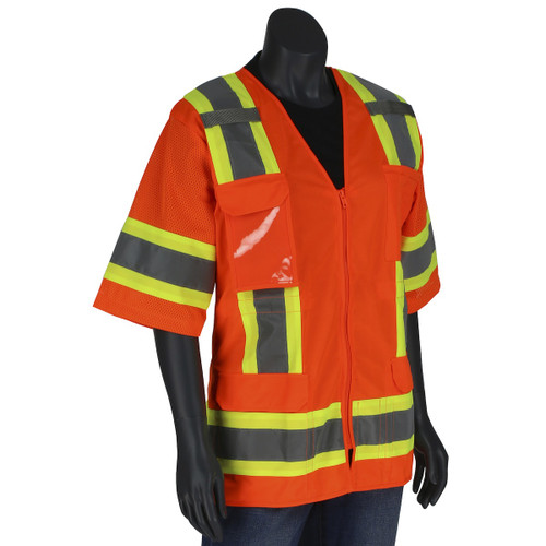 PIP® ANSI Type R Class 3 Women's Contoured Two-Tone Eleven Pocket Surveyors Vest with Solid Front and Mesh Back, Hi-Vis Orange, Small, #303-0513-OR/S