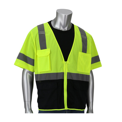 PIP® ANSI Type R Class 3 Five Pocket Value Mesh Vest with Black Bottom Front, Hi-Vis Yellow, Large #303-0710B-LY/L