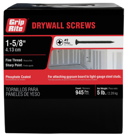 Grip Rite #6 x 1-5/8" Phillips Bugle Head Drywall Screws, Sharp Point, Fine Thread (5,000 Pack/6 Packs) #158DWS5