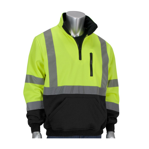 PIP® ANSI Type R Class 3 Quarter-Zip Pullover Sweatshirt with Black Bottom, Hi-Vis Yellow/Green, Medium #323-1330B-LY/M