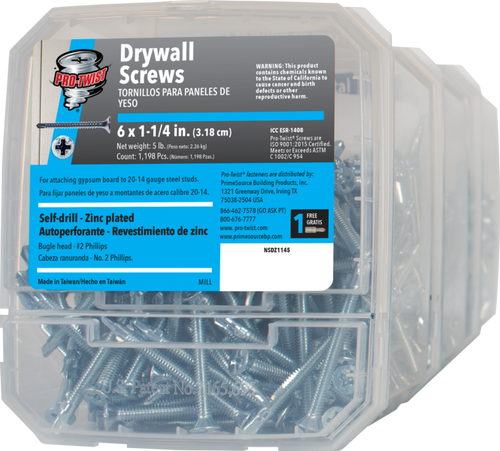Grip Rite #6 x 1-1/4" Phillips Bugle Head Drywall Screws, Self Drill, Fine Thread, Zinc Plated (5 lb Tub/6 Tubs) #NSDZ1145
