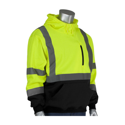 PIP® ANSI Type R Class 3 Hooded Pullover Sweatshirt with Black Bottom, Hi-Vis Yellow/Green, Small #323-1350B-LY/S