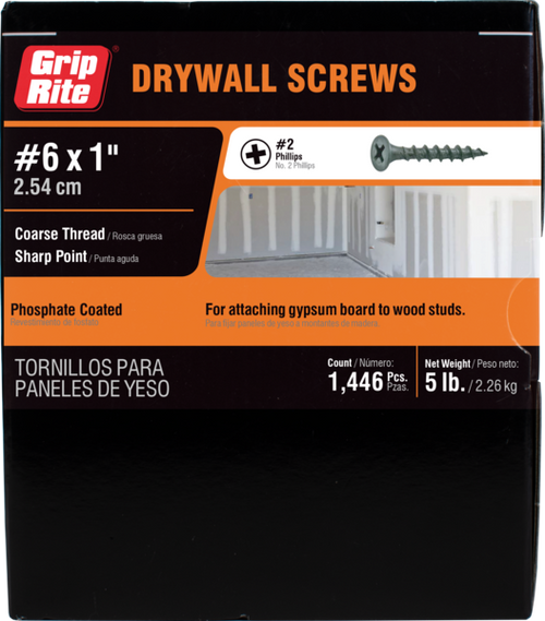 Grip Rite #6 x  1" Phillips Bugle Head Drywall Screws, Coarse Thread (5 lb Pack/6 Packs) #1CDWS5