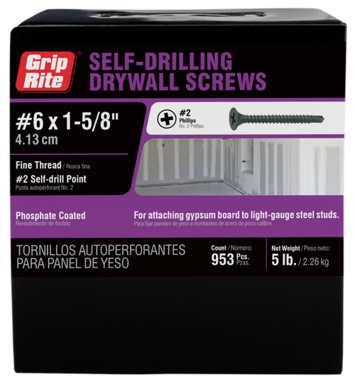 Grip Rite #6 x 1-5/8" Phillips Bugle Head Drywall Screws, Fine Thread, Self Drill (5 lb Box/6 Boxes) #158SDDW5