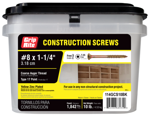 Grip Rite #8 x 1-1/4" Interior General Construction Screws, Gold (10 lb/Bucket) #114GCS10BK