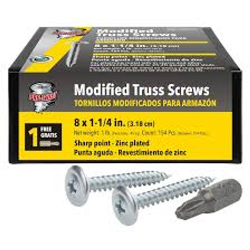 Grip Rite #8 x 1-1/4" Pro-Twist Modified Truss Head Screws, Phillips Head, #2 Drill Point, Fine Thread, Zinc, (1 lb Box/12 Boxes), #NMT2001