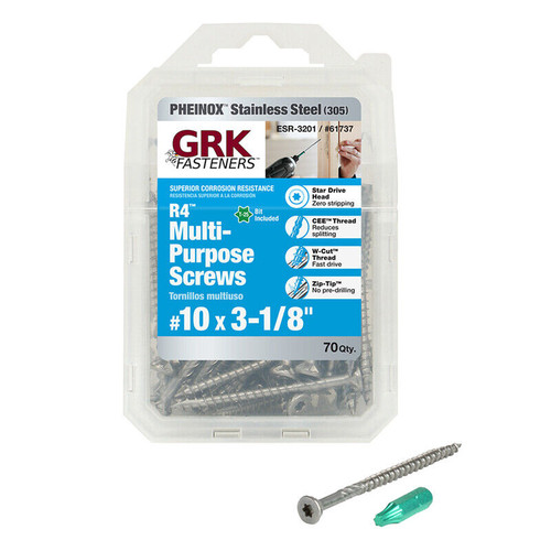 GRK #10 x 3-1/8" R4 Multi-Purpose Screws, 305 Stainless Steel, Star Drive, (70/Pack), #GRK61737
