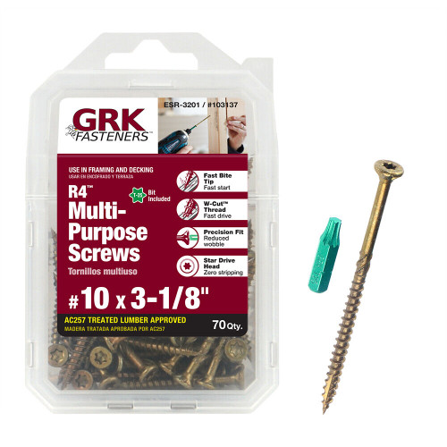 GRK #10 x 3-1/8" R4 Multi-Purpose Screws, Star Drive, (70 Pack/4 Packs), #GRK103137