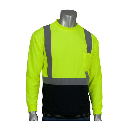 PIP ANSI Type R Class 2 Long Sleeve T-Shirt w/50+ UPF Sun Protection & Black Bottom Front, Hi-Vis Yellow/Green, 6X-Large #312-1350B-LY/6X