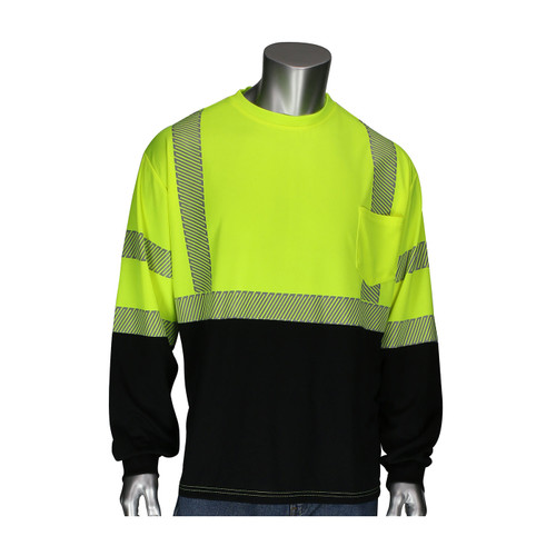 PIP ANSI Type R Class 3 Long Sleeve T-Shirt with Black Bottom Front, Hi-Vis Yellow/Green, X-Large #313-1280B-LY/XL
