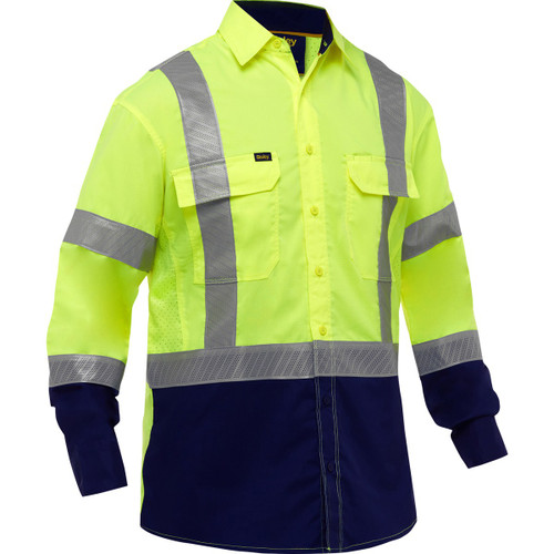 Bisley ANSI Type R Class 3 Long Sleeve Work Shirt w/X-Airflow & Navy Bottom, Hi-Vis Yellow/Green, Small #313M6491H-YN/S