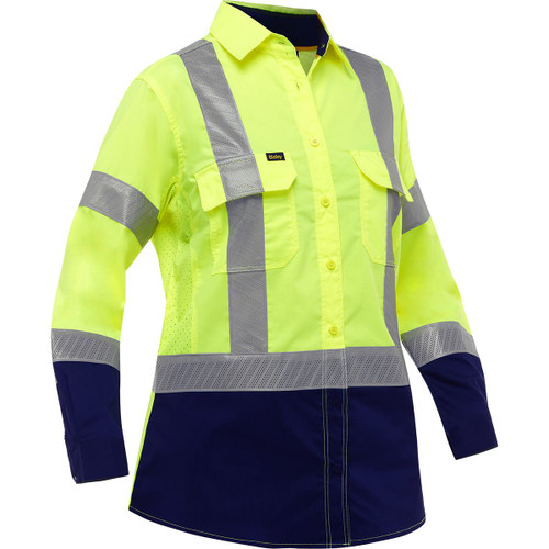 Bisley ANSI Type R Class 2 Women's Long Sleeve Work Shirt with X-Airflow and Navy Bottom, Hi-Vis Yellow/Green, Medium #313W6491H-YN/M